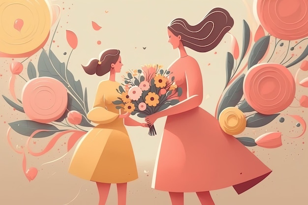 Ilustración del día de la madre dando un ramo de flores generado ai