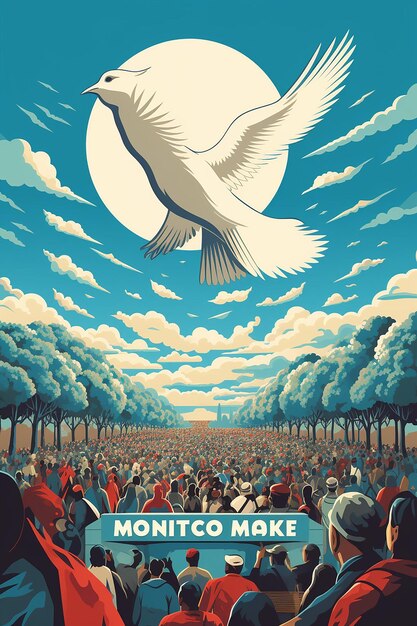 Ilustración del Día de Martin Luther King de una paloma que lleva una rama de olivo volando sobre una multitud de paz