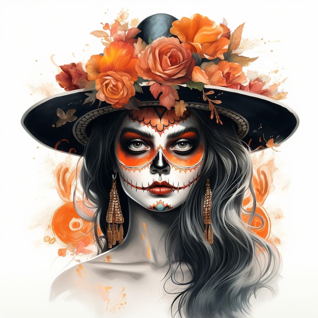 Ilustración del día de los muertos Maxican Girl sobre fondo blanco.