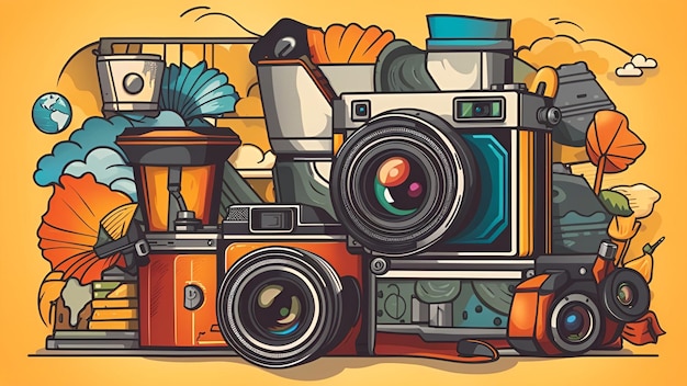 ilustración del día mundial del fotógrafo con iconos gráficos de tecnología WEB3 fondo de banner