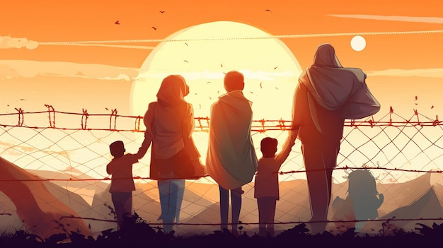 Ilustración del Día Mundial del Refugiado de una familia contra la valla en la puesta del sol Ai generativo