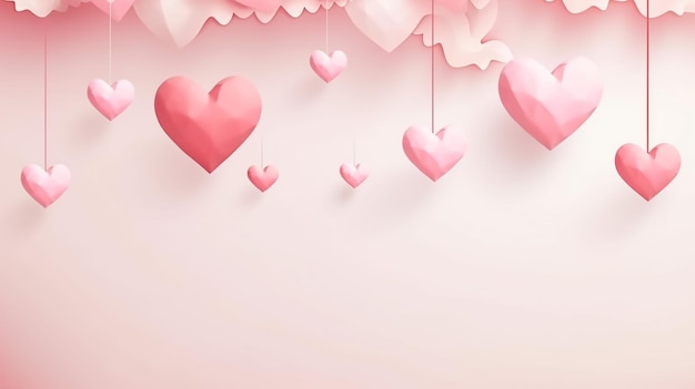 Ilustración del Día de San Valentín con corazones rojos y nubes de papel sobre un fondo rosa