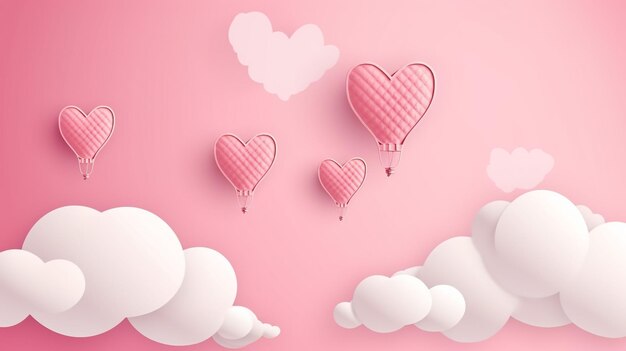 Ilustración del Día de San Valentín con corazones rojos y nubes de papel sobre un fondo rosa