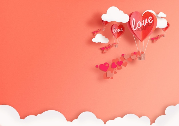 Ilustración para el día de San Valentín. Globos en forma de corazón viviente Coral vivo vuela entre las nubes y alaba el amor. concepto de amor, paz y felicidad.