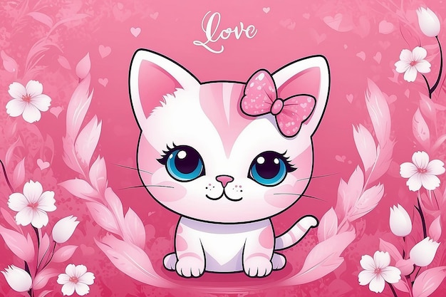 Foto ilustración del día de san valentín con un lindo gato rosado en fondo de amor adecuado para tarjetas de invitación de san valentine y tarjetas