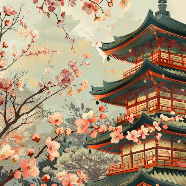 Ilustración del día de Showa con una pagoda japonesa y una flor de cerezo