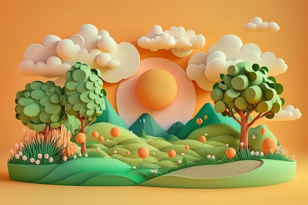 ilustración del día de la tierra paisaje de estilo lindo 3D, artesanía linda, estilo de tejido