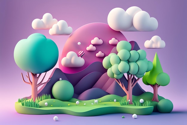 ilustración del día de la tierra paisaje de estilo lindo artesanal 3D, estilo de lana, arte de tejer, lindo