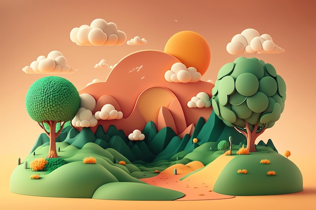 ilustración del día de la tierra paisaje de estilo lindo artesanal 3D, estilo de lana, arte de tejer, lindo