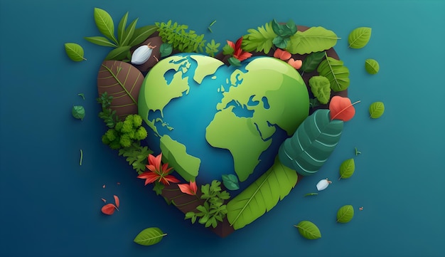 Ilustración del día de la tierra con el planeta en forma de corazón y hoja verde sobre fondo azul ai generativo