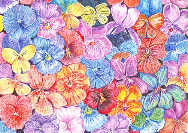 Ilustración dibujada con acuarela lápices flores de violetas.