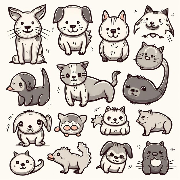 Ilustración dibujada de animales doodle lindos
