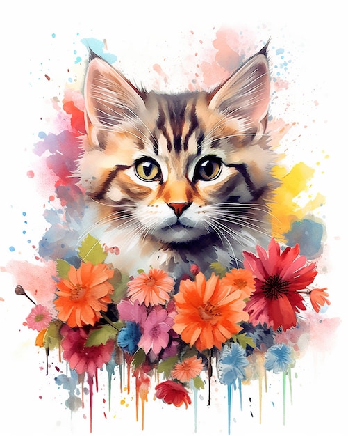 Ilustración dibujada de gato con flores generada por IA