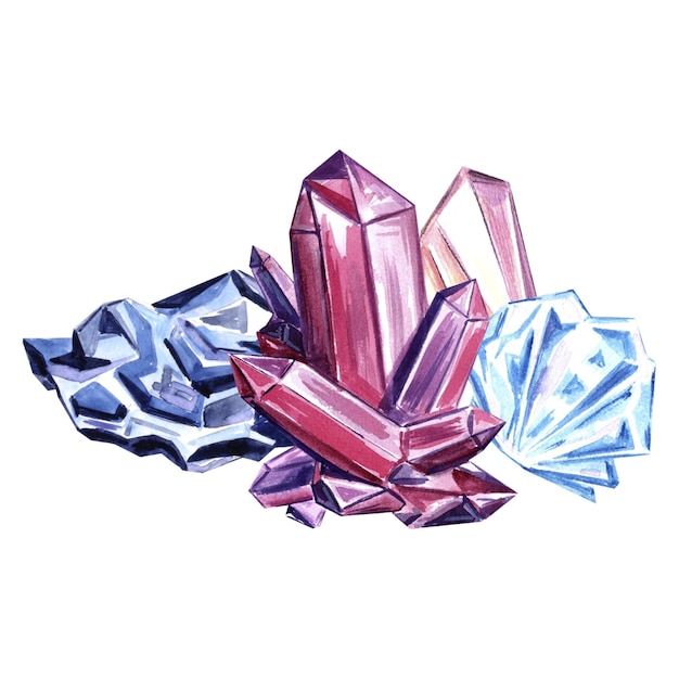 Ilustración dibujada a mano en acuarela con cristales rosados azules Ilustración en acuarela JPEG