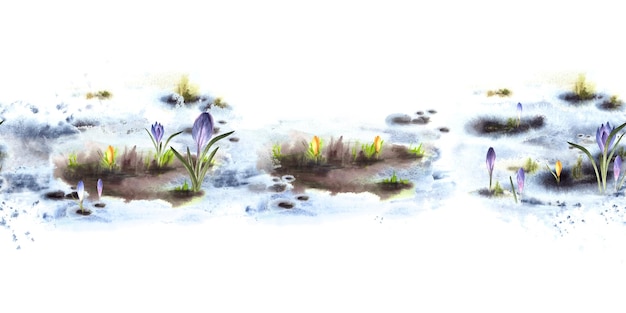 Ilustración dibujada a mano en acuarela primavera prado patrón de borde sin costuras despertar de la naturaleza después