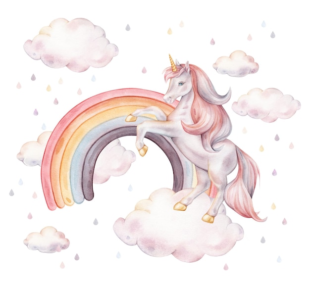 Ilustración dibujada a mano en acuarela de un unicornio de pie cerca del arco iris con nubes y gotas de lluvia