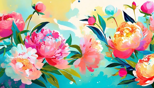 Ilustración dibujada a mano de encantadoras peonías Pintura abstracta de vibrantes flores de primavera