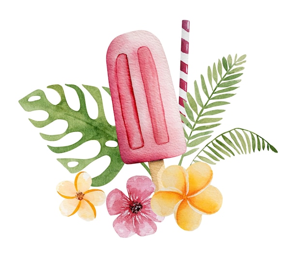 Ilustración dibujada a mano de helado rosado en un palo con flores tropicales y hojas con tema de verano