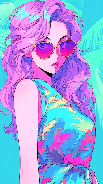 Ilustración dibujada a mano de una hermosa y linda chica de anime de dibujos animados en verano