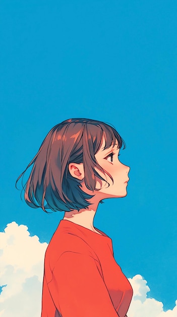 Ilustración dibujada a mano de una niña sentada en la hierba bajo el cielo azul en primavera