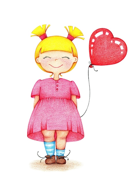 Ilustración dibujada a mano de una niña sonriente con un globo rojo junto a los lápices de colores