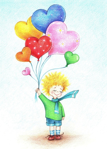 Ilustración dibujada a mano de niño pequeño con globos de aire coloridos