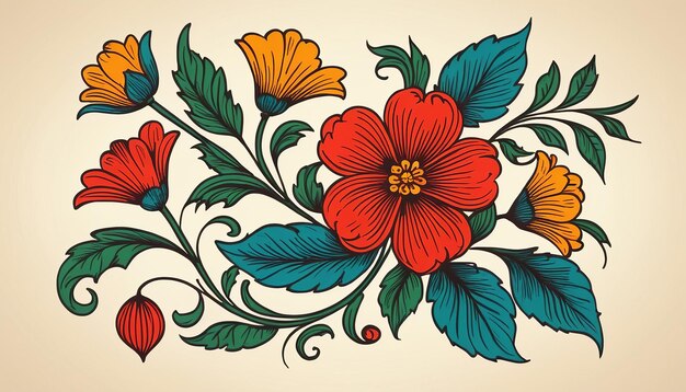 Foto ilustración dibujada a mano de un ornamento floral de época en estilo popular