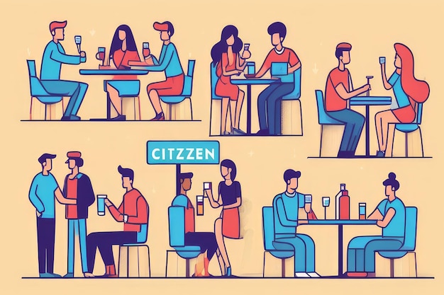 Ilustración dibujada a mano de personas socializando con bebidas