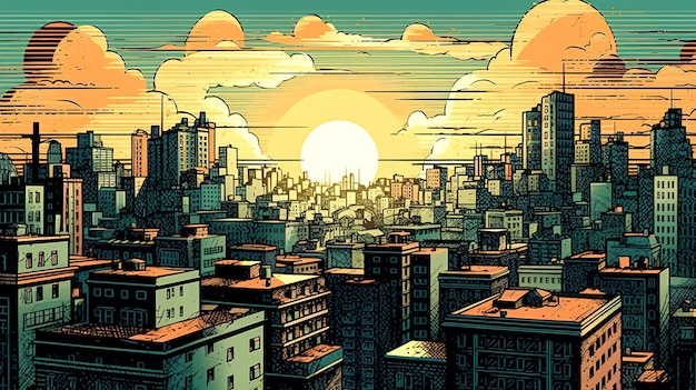 Ilustración dibujada a mano con puesta de sol en la ciudad generativa ai