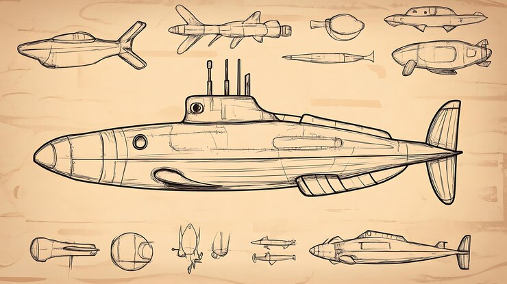 Ilustración dibujada a mano de un submarino y varios diseños náuticos en un fondo de grano de madera