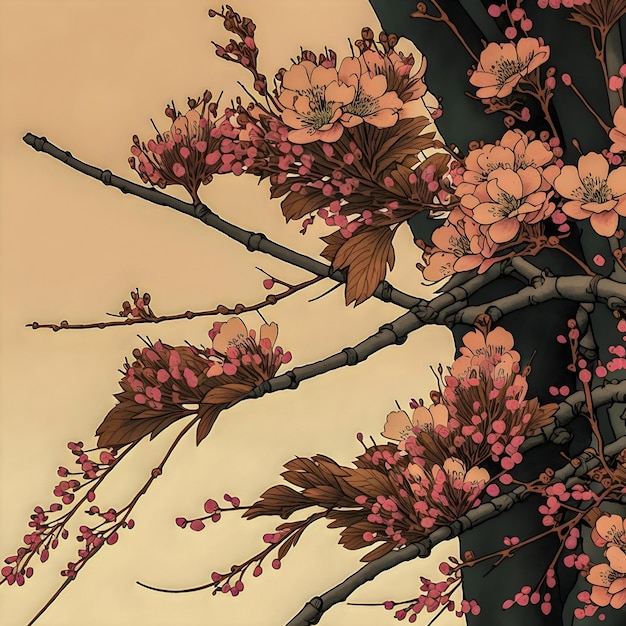 Ilustración de dibujado a mano de árbol de flor de cerezo