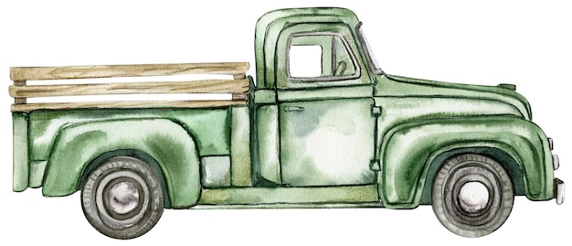 Ilustración de dibujado a mano de camión verde acuarela vintage de coche retro viejo