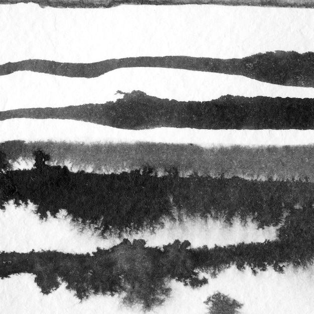 Ilustración de dibujado a mano de tinta de paisaje abstracto. Paisaje invernal de tinta en blanco y negro con río. Banner de cartel de fondo de tarjeta de ilustración dibujada a mano minimalista. Líneas negras de acuarela dibujadas a mano.