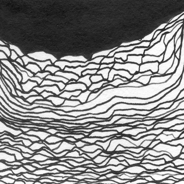Ilustración de dibujado a mano de tinta de paisaje abstracto Paisaje de invierno de tinta blanca negra con líneas de ondas de montañas Cartel de fondo de tarjeta de ilustración de dibujado a mano minimalista Líneas de acuarela dibujadas a mano