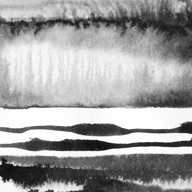 Ilustración de dibujado a mano de tinta de paisaje abstracto Paisaje de invierno de tinta en blanco y negro con río Ilustración de dibujado a mano minimalista tarjeta fondo cartel banner Líneas negras de acuarela dibujadas a mano