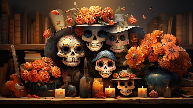 ilustración de dibujo de calavera aterradora para la celebración del día de los muertos 4k