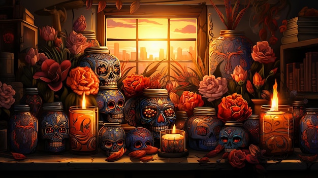 ilustración de dibujo de calavera aterradora para la celebración del día de los muertos 4k