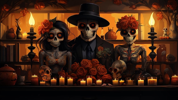 ilustración de dibujo de calavera aterradora para la celebración del día de los muertos 4k