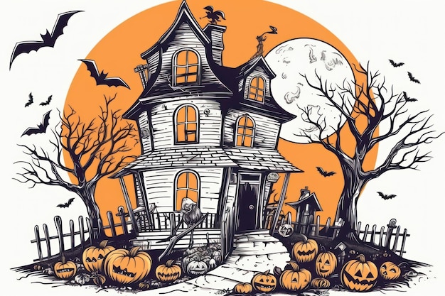 Ilustración de un dibujo de una casa del terror para Halloween con un fondo blanco