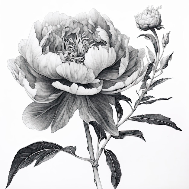 Ilustración de dibujo de flor de peonía blanca negra con arte de línea aislado en blanco Libro de colorear floral