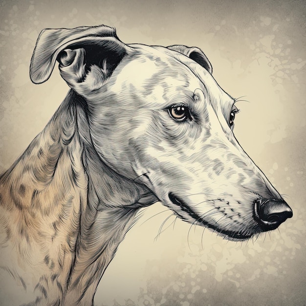 Ilustración de un dibujo de un galgo en tonos grises claros y beige detalles pintados a mano IA generativa