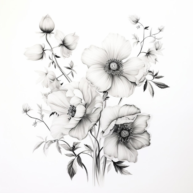 Ilustración de dibujo a lápiz en blanco y negro de flores contra whi