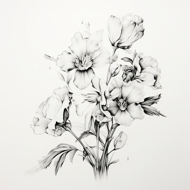 Ilustración de dibujo a lápiz en blanco y negro de flores contra whi