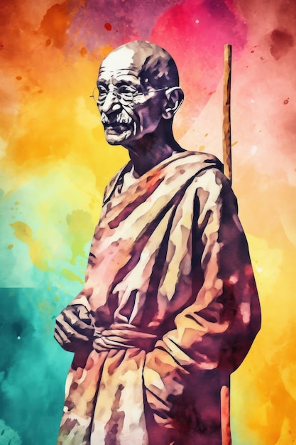 Ilustración de un dibujo de Mahatma Gandhi apoyado en un bastón