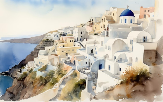 Ilustración de dibujo y pintura de acuarela a mano alzada de Santorini Grecia AI generativa