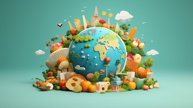 Ilustración de dibujos animados en 3D del día mundial de la alimentación.