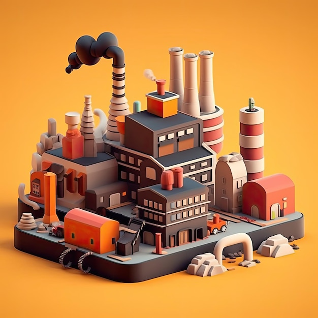 Ilustración de dibujos animados en 3d de fábrica IA generativa Edificio de fábrica humo de pipa