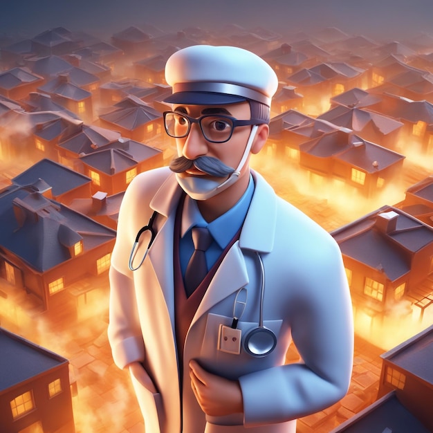 Ilustración de dibujos animados en 3D de un médico con antecedentes hospitalarios y estetoscopio