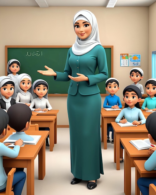 Foto ilustración de dibujos animados en 3d de una mujer musulmana enseñando