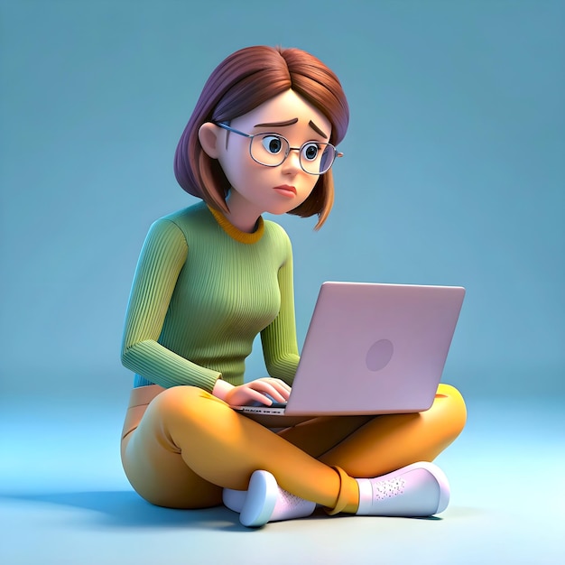 Ilustración de dibujos animados en 3D de una mujer que se siente deprimida mientras trabaja con una computadora portátil